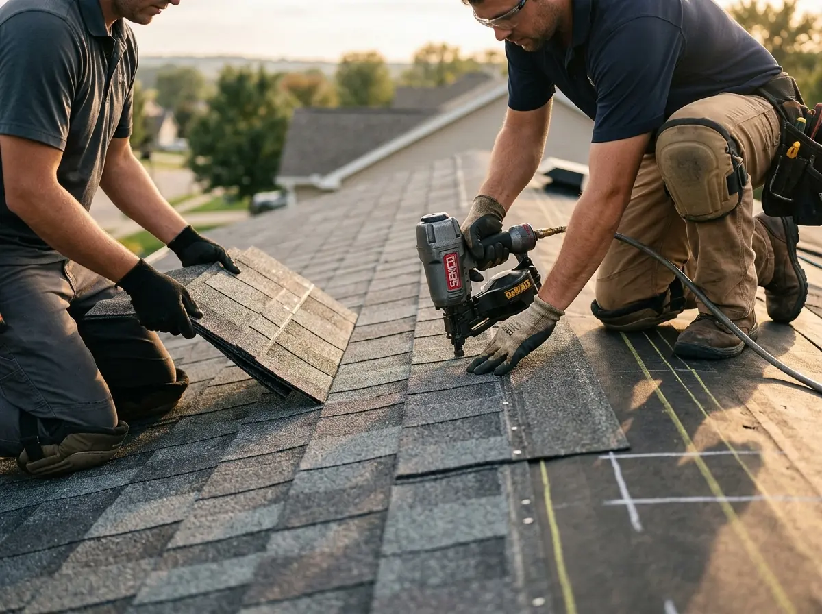 Professional roofer working on a residential roof in Collegeville